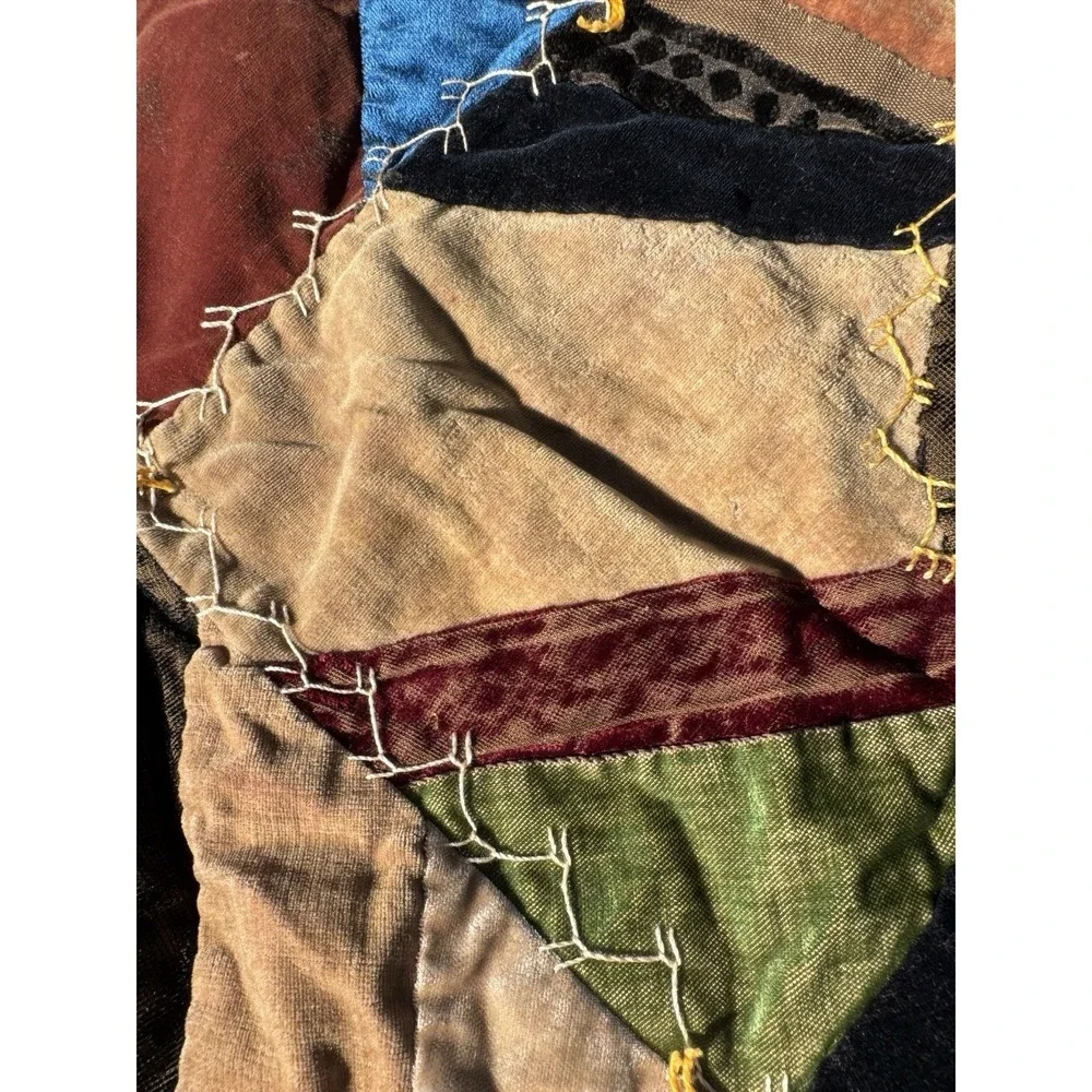 Antique Victorian Crazy Quilt Velvet Silk Hand Stitched‎ Painted 77x71 c1885